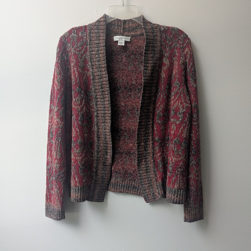 Vtg Cardigan Red Gray Damask Jacquard Knit Open Front Sz XL Cabin Cozy Winter